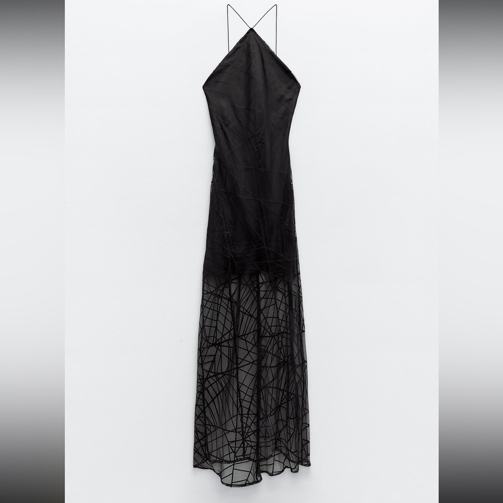 Zara Black Sheer Midi Slip Dress - Picture 7 of 11
